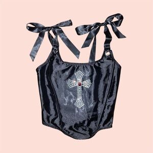 Black Rhinestone Cross Corset Top